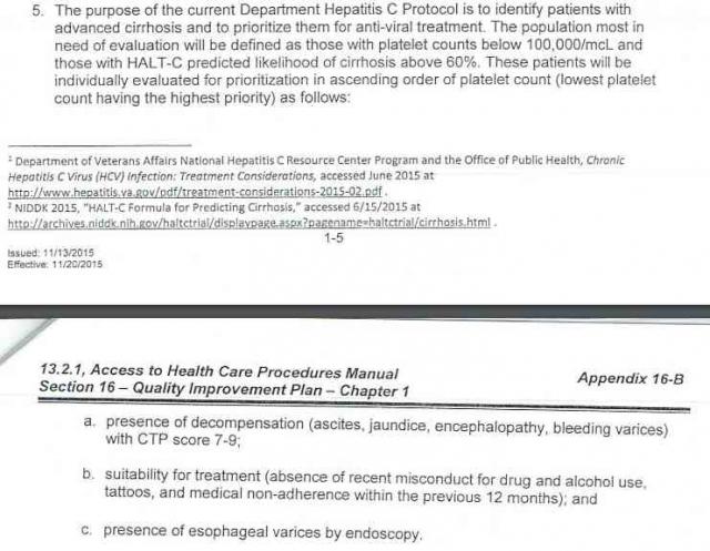 Sceen shot of portion of the DOC's secret Hep-C (non-)treatment protocol, ordered made public by a federal court in Scranton